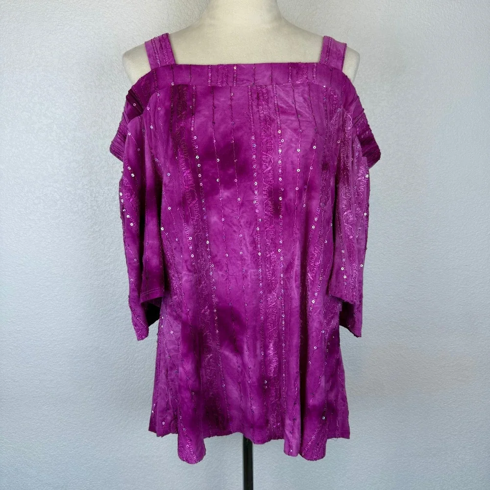 Avenue Purple/Pink Tie Dye Sequin Cold Shoulder Embellished Top Women Sz 14/16 - Picture 1 of 10
